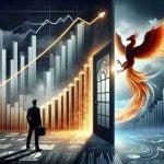 Create a realistic, high-definition conceptual artwork representing a stunning financial turnaround. The image begins with the half-portrayal of a company facing unexpected losses, symbolized by a downward trending graph and closed doors. The other half demonstrates a dramatic reversal, featuring an upward climbing chart, doors flung open, and a phoenix emblem to signify rebirth and fresh beginnings.