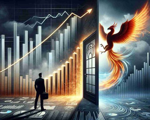 Create a realistic, high-definition conceptual artwork representing a stunning financial turnaround. The image begins with the half-portrayal of a company facing unexpected losses, symbolized by a downward trending graph and closed doors. The other half demonstrates a dramatic reversal, featuring an upward climbing chart, doors flung open, and a phoenix emblem to signify rebirth and fresh beginnings.