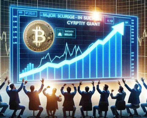 Create a high definition, realistic image representing a major surge in stock for a cryptocurrency giant. This should be conveyed by showing a significantly ascending graph on a digital screen with 'Crypto Giant' visible as the company's name. Also, show a group of enthusiastic analysts perhaps shown by expressions or gestures to suggest they might be considering buying these stocks.