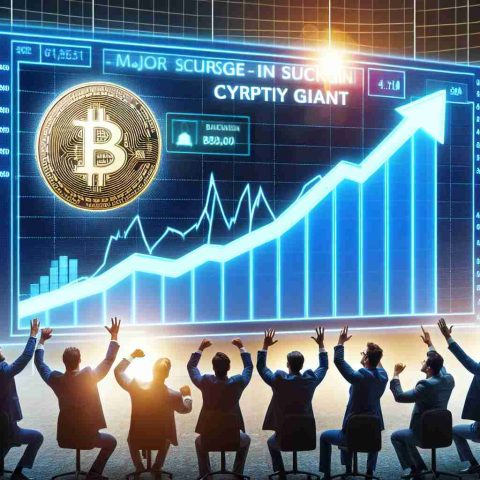 Create a high definition, realistic image representing a major surge in stock for a cryptocurrency giant. This should be conveyed by showing a significantly ascending graph on a digital screen with 'Crypto Giant' visible as the company's name. Also, show a group of enthusiastic analysts perhaps shown by expressions or gestures to suggest they might be considering buying these stocks.