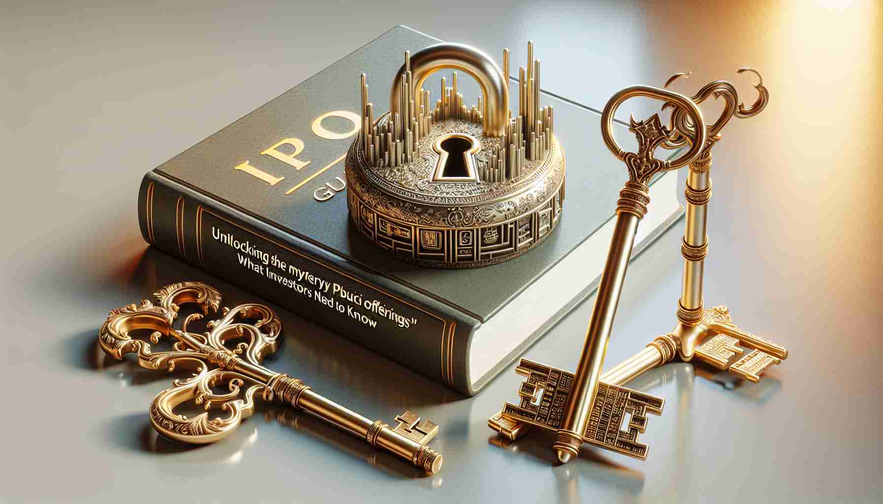 A high-definition, realistic image of a metaphorical representation of 'Unlocking the Mystery of Initial Public Offerings (IPO) with three bids: What Investors Need to Know'. This could include imagery such as an ornate lock shaped like an IPO chart, with three golden keys laying next to it on a table. Each key can be inscribed with symbols representing different stock market factors. Perhaps there could also be a guide book beside them titled 'What Investors Need to Know'.