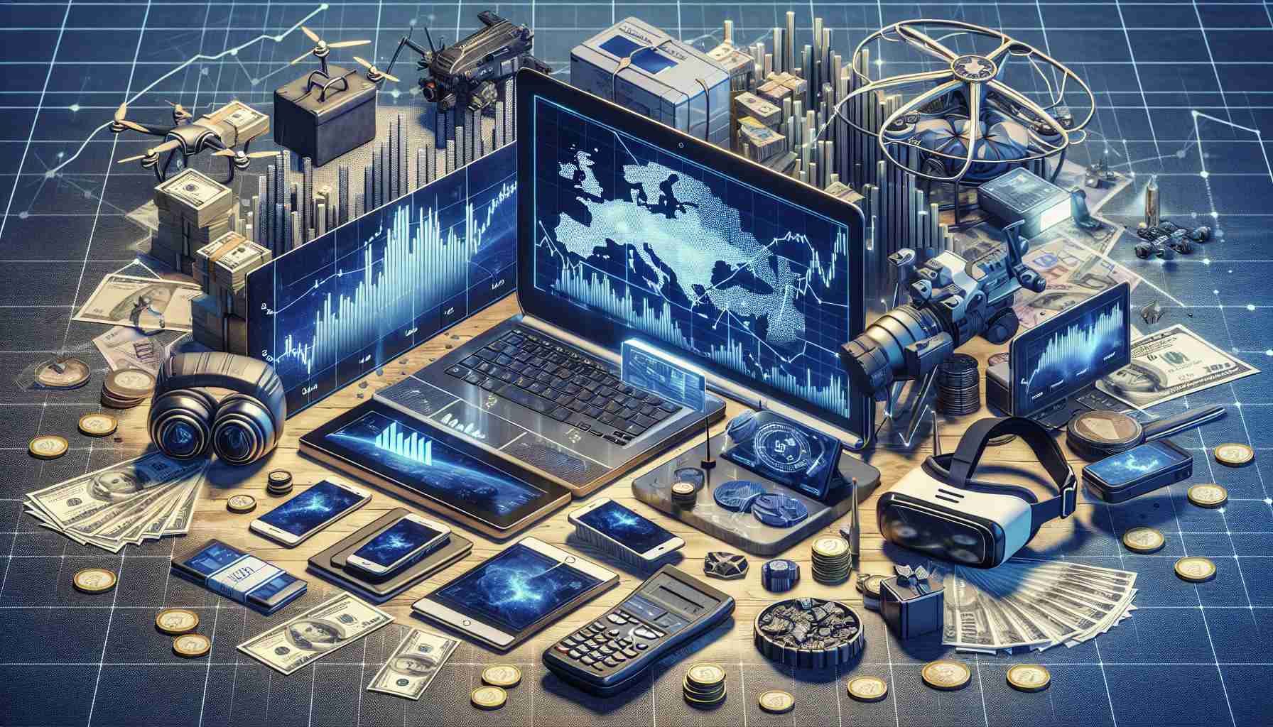 A realistic, high-definition illustration that depicts the concept of European individuals capitalizing on hidden opportunities in the technology investment sector. There's a table filled with various types of tech equipment - laptops, VR headsets, smartphones, drones, and more. Include graphics of stock market charts showing growth trends, and stacks of cash to represent financial gains. In the background, a map of Europe with pins on tech hubs like Stockholm, Berlin, and London.