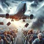 Create a realistic high-definition depiction of an intense, fear-inducing flight experience. Show a passenger plane in mid-flight during a fierce storm, with wild turbulence causing some luggage to fly around inside the cabin. People are holding on tightly to their seats, with expressions of disbelief and terror. Close the scene with an unexpected happy ending - the pilots manage to stabilize the flight, causing relief and joy among the passengers. Include an iconic safe landing scene with the plane landing smoothly despite the weather.