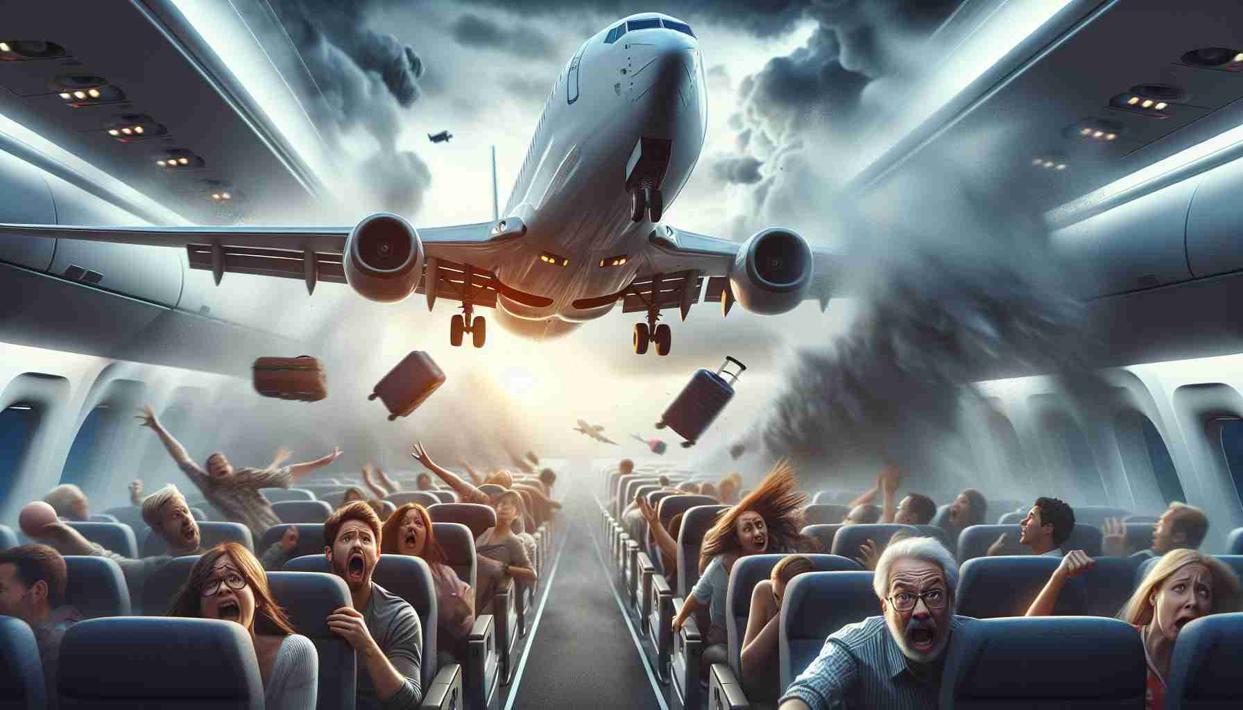 Create a realistic high-definition depiction of an intense, fear-inducing flight experience. Show a passenger plane in mid-flight during a fierce storm, with wild turbulence causing some luggage to fly around inside the cabin. People are holding on tightly to their seats, with expressions of disbelief and terror. Close the scene with an unexpected happy ending - the pilots manage to stabilize the flight, causing relief and joy among the passengers. Include an iconic safe landing scene with the plane landing smoothly despite the weather.