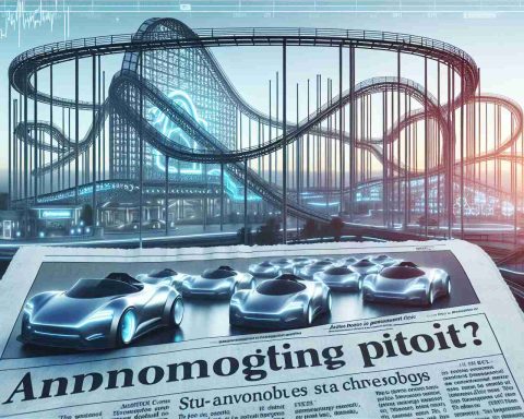 A realistic high-definition image of a roller coaster with a futuristic theme inspired by advancements in automobile technology. The design reflects the visionary spirit of an anonymous, prominent tech entrepreneur. On the outskirts of the scene, a non-specific financial newspaper headline speculates about the future of a prominent electric car company's stock.