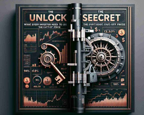 Generate a high-definition realistic image for a finance-themed book cover. The title is 'Unlock the Secret: What Every Investor Needs to Know about the IPO Cut-Off Price'. The cover should showcase elements that signal stock market, investing, and secrets, like financial charts, a vault door partially open revealing stock market graphs, and a key symbol. The text should be bold and eye-catching.