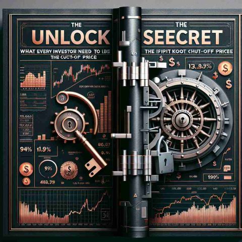 Generate a high-definition realistic image for a finance-themed book cover. The title is 'Unlock the Secret: What Every Investor Needs to Know about the IPO Cut-Off Price'. The cover should showcase elements that signal stock market, investing, and secrets, like financial charts, a vault door partially open revealing stock market graphs, and a key symbol. The text should be bold and eye-catching.