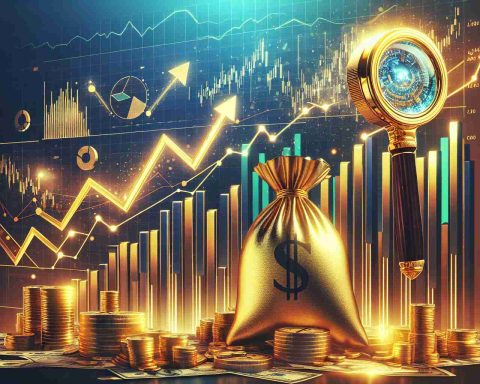 Create a realistically styled, high-definition image representing an abstract concept of Quantum Corp's stocks prospering vastly. The picture might portray symbolic representations of economic growth like upward arrows, bar graphs with ascending lines, or piles of gold. Include an element that hints at a surprising number, maybe a chart with a significant peak, a mysterious golden envelope, or a spectacle-like digit magnified under a gold magnifier.