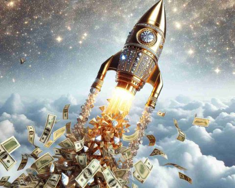 An image depicting an abstract representation of significant wealth skyrocketing. Visualize a rocket made of gold and diamonds soaring into the sky, leaving a trail of money bills. The rocket symbolizes the acceleration of a generic, successful entrepreneur's fortune.