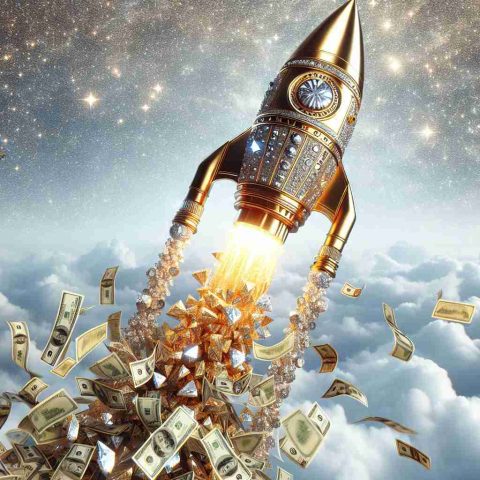 An image depicting an abstract representation of significant wealth skyrocketing. Visualize a rocket made of gold and diamonds soaring into the sky, leaving a trail of money bills. The rocket symbolizes the acceleration of a generic, successful entrepreneur's fortune.