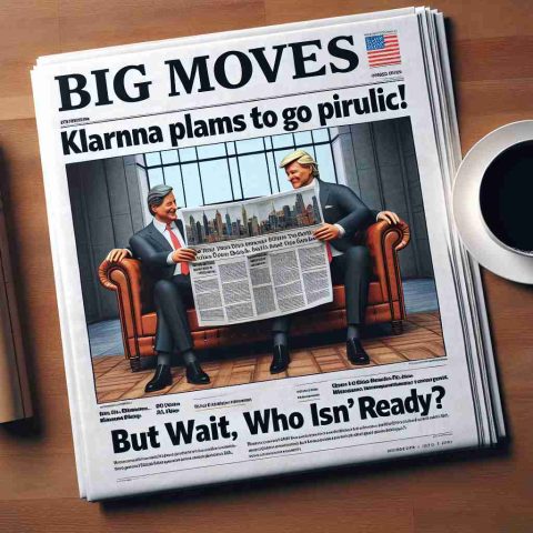 A high-definition and realistic image of a newspaper front page depicting a headline that reads 'Big Moves: Klarna Plans to Go Public! But Wait, Who Isn't Ready?'