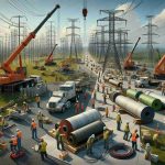 An HD realistic image depicting a transformation of power grid infrastructure happening in the southeastern regions of the country. There are workers in safety gear of various genders and descents such as Hispanics, Caucasians and Black, working industriously on installing new technologies. Massive cranes hoist up the heavy equipment to the top of electrical towers. Rolls of high-capacity transmission lines lie around, waiting to be unfurled and installed. In the background, you can see truckloads of equipment just arriving, symbolizing a significant injection of federal funds. The weather is clear, setting a constructive atmosphere for this transformational change.