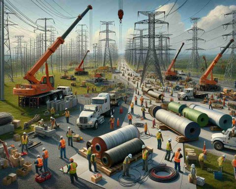 An HD realistic image depicting a transformation of power grid infrastructure happening in the southeastern regions of the country. There are workers in safety gear of various genders and descents such as Hispanics, Caucasians and Black, working industriously on installing new technologies. Massive cranes hoist up the heavy equipment to the top of electrical towers. Rolls of high-capacity transmission lines lie around, waiting to be unfurled and installed. In the background, you can see truckloads of equipment just arriving, symbolizing a significant injection of federal funds. The weather is clear, setting a constructive atmosphere for this transformational change.