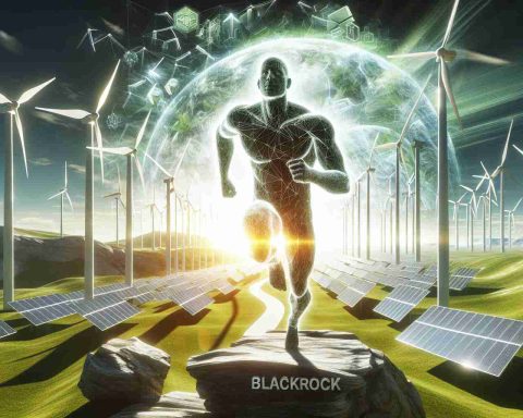 A realistic high definition visual representation of BlackRock, as an entity, symbolized by an abstract figure leading a charge towards a future of sustainable energy, depicted by renewable energy sources such as wind turbines, solar panels, and green landscapes.