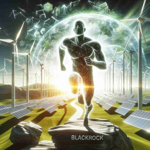 A realistic high definition visual representation of BlackRock, as an entity, symbolized by an abstract figure leading a charge towards a future of sustainable energy, depicted by renewable energy sources such as wind turbines, solar panels, and green landscapes.