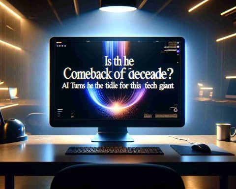 A hyper-realistic HD image of the headline 'Is This the Comeback of the Decade? AI Turns the Tide for This Former Tech Giant' splashed across the screen of a modern, sleek, high-tech computer monitor. The room in the background is illuminated subtly by the glow of the screen, hinting at late-night work in a high-tech industry. The ambiance is captivating, symbolizing the resurgence of a previously prominent tech company, now bolstered by innovative AI technologies.