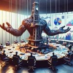 A high-definition, realistic illustration representing an energy giant making a bold share call. Picture an abstract representation of a towering, anthropomorphic entity resembling a traditional oil drilling rig. This character is gesturing at a massive round table situating a variety of other abstract entities. On the table lay various pieces such as paperwork, pens, and charts depicting stock trends. These objects are all tools for the mysterious share call the 'energy giant' is making. The atmosphere is intense, thick with anticipation and the high stakes of their secretive move.