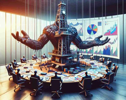 A high-definition, realistic illustration representing an energy giant making a bold share call. Picture an abstract representation of a towering, anthropomorphic entity resembling a traditional oil drilling rig. This character is gesturing at a massive round table situating a variety of other abstract entities. On the table lay various pieces such as paperwork, pens, and charts depicting stock trends. These objects are all tools for the mysterious share call the 'energy giant' is making. The atmosphere is intense, thick with anticipation and the high stakes of their secretive move.