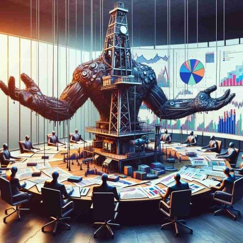 A high-definition, realistic illustration representing an energy giant making a bold share call. Picture an abstract representation of a towering, anthropomorphic entity resembling a traditional oil drilling rig. This character is gesturing at a massive round table situating a variety of other abstract entities. On the table lay various pieces such as paperwork, pens, and charts depicting stock trends. These objects are all tools for the mysterious share call the 'energy giant' is making. The atmosphere is intense, thick with anticipation and the high stakes of their secretive move.