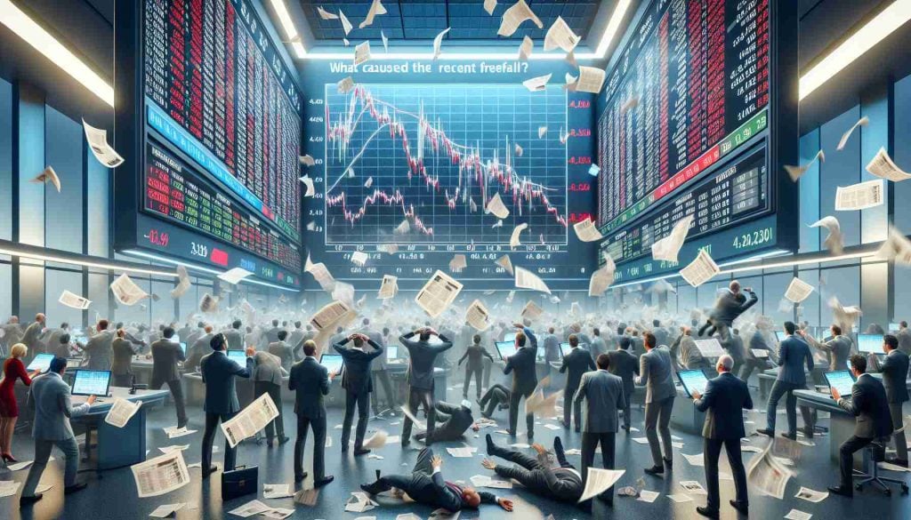 A realistic, high definition image that portrays chaos in the stock market. The scene should show numerous traders, of various descents and genders, anxiously watching stock tickers rapidly change in value, possibly signaling a market freefall. The background should contain large screens displaying plummeting graphs and statistics, and papers flying in the air to emphasize the tense and frantic atmosphere. Also, depict a headline on a news paper or a digital display questioning: 'What caused the recent freefall?'.