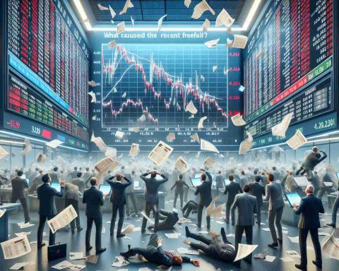 A realistic, high definition image that portrays chaos in the stock market. The scene should show numerous traders, of various descents and genders, anxiously watching stock tickers rapidly change in value, possibly signaling a market freefall. The background should contain large screens displaying plummeting graphs and statistics, and papers flying in the air to emphasize the tense and frantic atmosphere. Also, depict a headline on a news paper or a digital display questioning: 'What caused the recent freefall?'.