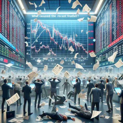 A realistic, high definition image that portrays chaos in the stock market. The scene should show numerous traders, of various descents and genders, anxiously watching stock tickers rapidly change in value, possibly signaling a market freefall. The background should contain large screens displaying plummeting graphs and statistics, and papers flying in the air to emphasize the tense and frantic atmosphere. Also, depict a headline on a news paper or a digital display questioning: 'What caused the recent freefall?'.