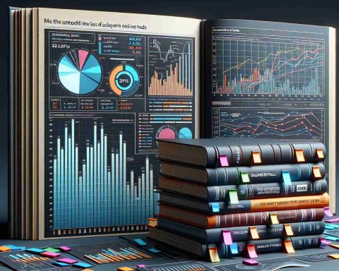 Realistic HD portrayal of an infographic paired with a stack of closed books. The infographic displays data related to an unnamed online retail giant's stock performance over time, with various visual elements such as bar charts, line graphs, and pie charts. Next to this, show a stack of closed books with titles like 'The Untold Stories of Online Trade', hinting at the hidden narratives behind stock market movements. Colorful tabs stick out from the books, indicating important chapters or sections. The overall tone is one of secret knowledge and market analysis.