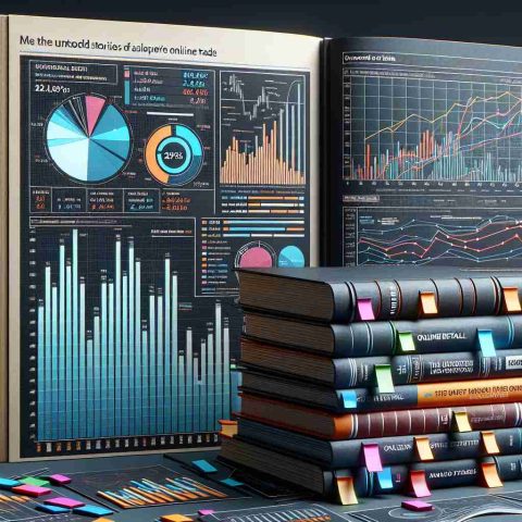 Realistic HD portrayal of an infographic paired with a stack of closed books. The infographic displays data related to an unnamed online retail giant's stock performance over time, with various visual elements such as bar charts, line graphs, and pie charts. Next to this, show a stack of closed books with titles like 'The Untold Stories of Online Trade', hinting at the hidden narratives behind stock market movements. Colorful tabs stick out from the books, indicating important chapters or sections. The overall tone is one of secret knowledge and market analysis.