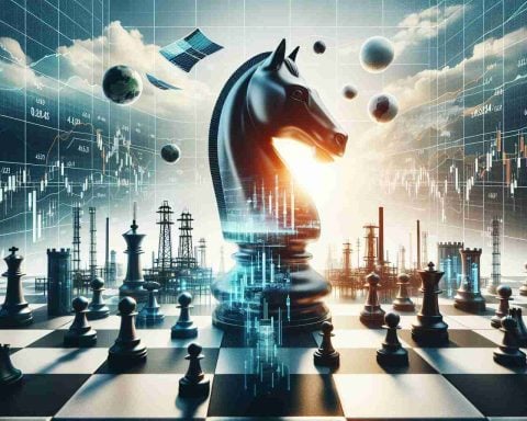 Create a realistic HD image that symbolizes the bold move of an energy corporation. It should be a conceptual representation showing a huge chess piece, maybe a rook or a knight, on a chessboard that's covered in stock market charts and graphs. Make sure to include some elements related to energy industry like oil towers or solar panels. The portrayal should suggest a strategic move by the corporation, thereby impacting an investment portfolio.