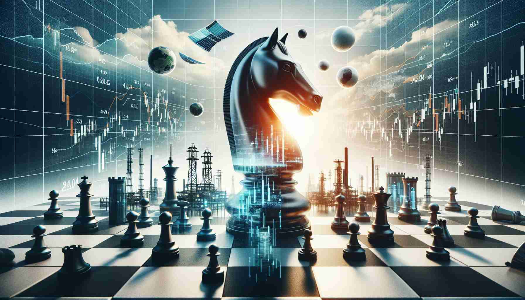 Create a realistic HD image that symbolizes the bold move of an energy corporation. It should be a conceptual representation showing a huge chess piece, maybe a rook or a knight, on a chessboard that's covered in stock market charts and graphs. Make sure to include some elements related to energy industry like oil towers or solar panels. The portrayal should suggest a strategic move by the corporation, thereby impacting an investment portfolio.