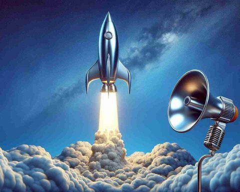 A highly detailed, photo-realistic image showing a metaphorical depiction of a stock market skyrocketing. In the center, a silver rocket soars majestically into a vivid blue sky, leaving a thick trail of smoke behind. On the side, a retro style loudspeaker is mysteriously silent, symbolizing the things not being heard about this phenomenon.