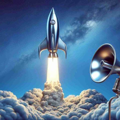 A highly detailed, photo-realistic image showing a metaphorical depiction of a stock market skyrocketing. In the center, a silver rocket soars majestically into a vivid blue sky, leaving a thick trail of smoke behind. On the side, a retro style loudspeaker is mysteriously silent, symbolizing the things not being heard about this phenomenon.