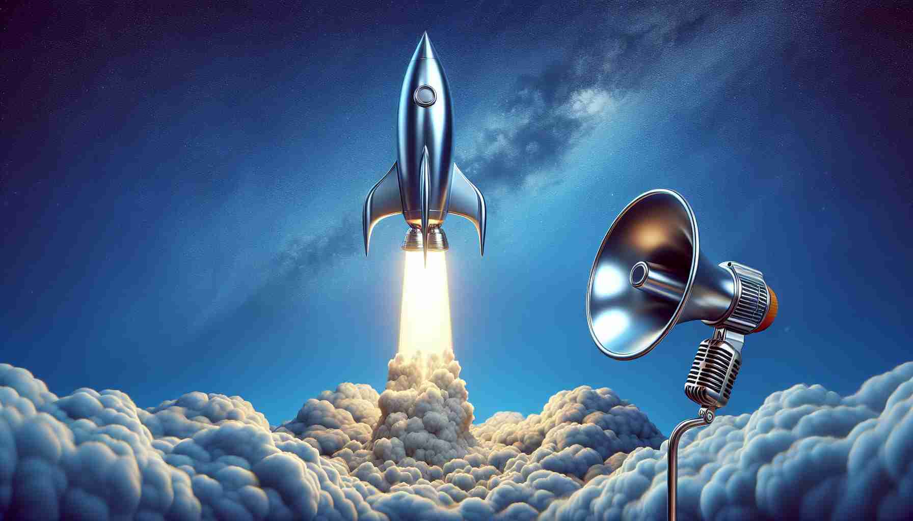 A highly detailed, photo-realistic image showing a metaphorical depiction of a stock market skyrocketing. In the center, a silver rocket soars majestically into a vivid blue sky, leaving a thick trail of smoke behind. On the side, a retro style loudspeaker is mysteriously silent, symbolizing the things not being heard about this phenomenon.