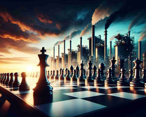 Generate a realistic high-definition image representing a metaphor for a major, industry-defining decision by an energy company. Visualize this as a giant chessboard, with a king piece symbolizing VAALCO standing on one side, ready to make a move that would impact the landscape of oil and gas industry. Emphasize the tension and high stakes of the situation using bold colors, dramatic lighting, and intense shadows.