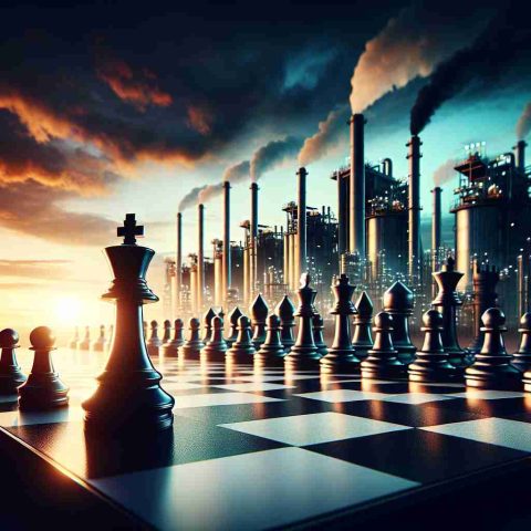 Generate a realistic high-definition image representing a metaphor for a major, industry-defining decision by an energy company. Visualize this as a giant chessboard, with a king piece symbolizing VAALCO standing on one side, ready to make a move that would impact the landscape of oil and gas industry. Emphasize the tension and high stakes of the situation using bold colors, dramatic lighting, and intense shadows.