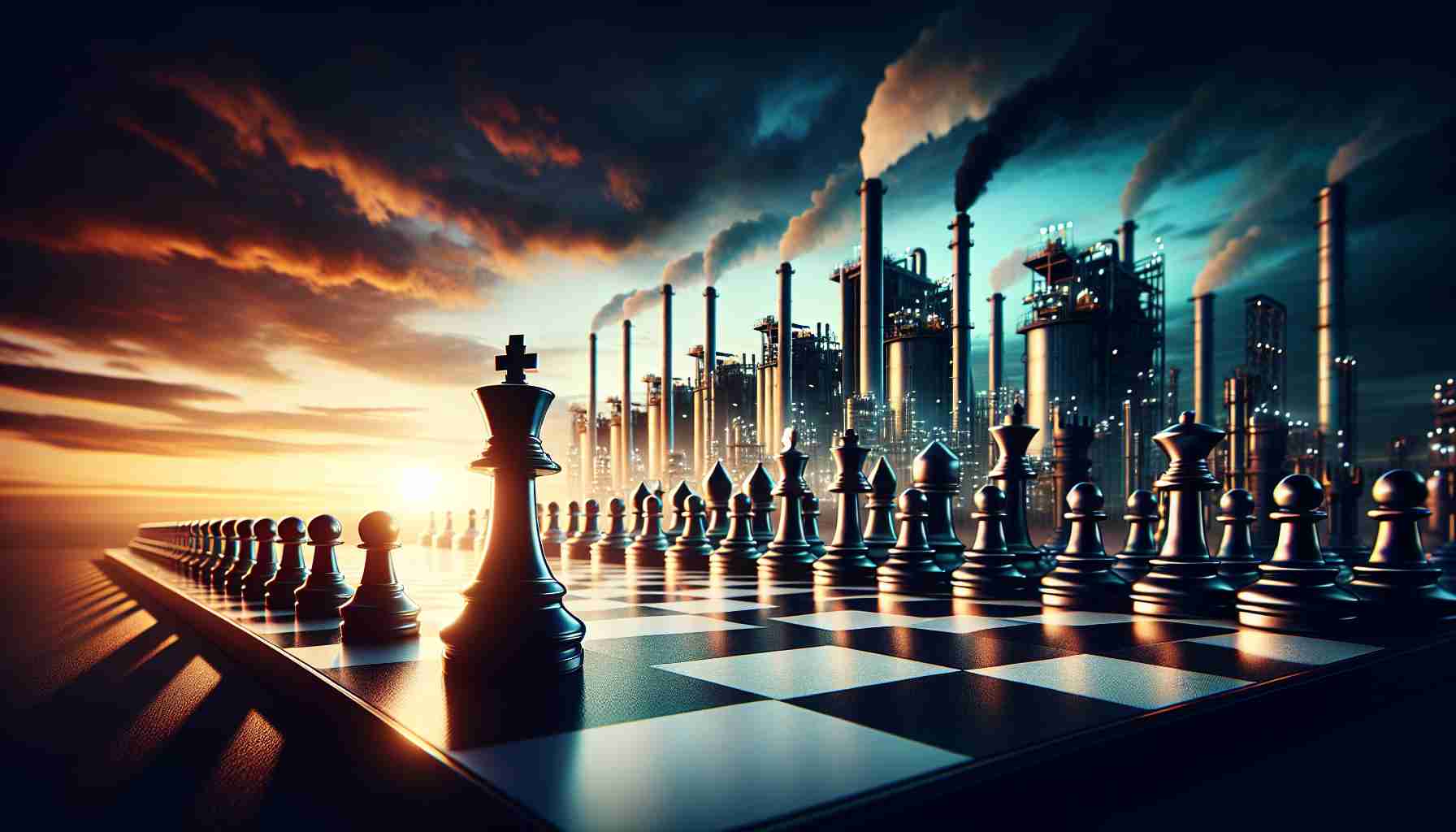 Generate a realistic high-definition image representing a metaphor for a major, industry-defining decision by an energy company. Visualize this as a giant chessboard, with a king piece symbolizing VAALCO standing on one side, ready to make a move that would impact the landscape of oil and gas industry. Emphasize the tension and high stakes of the situation using bold colors, dramatic lighting, and intense shadows.