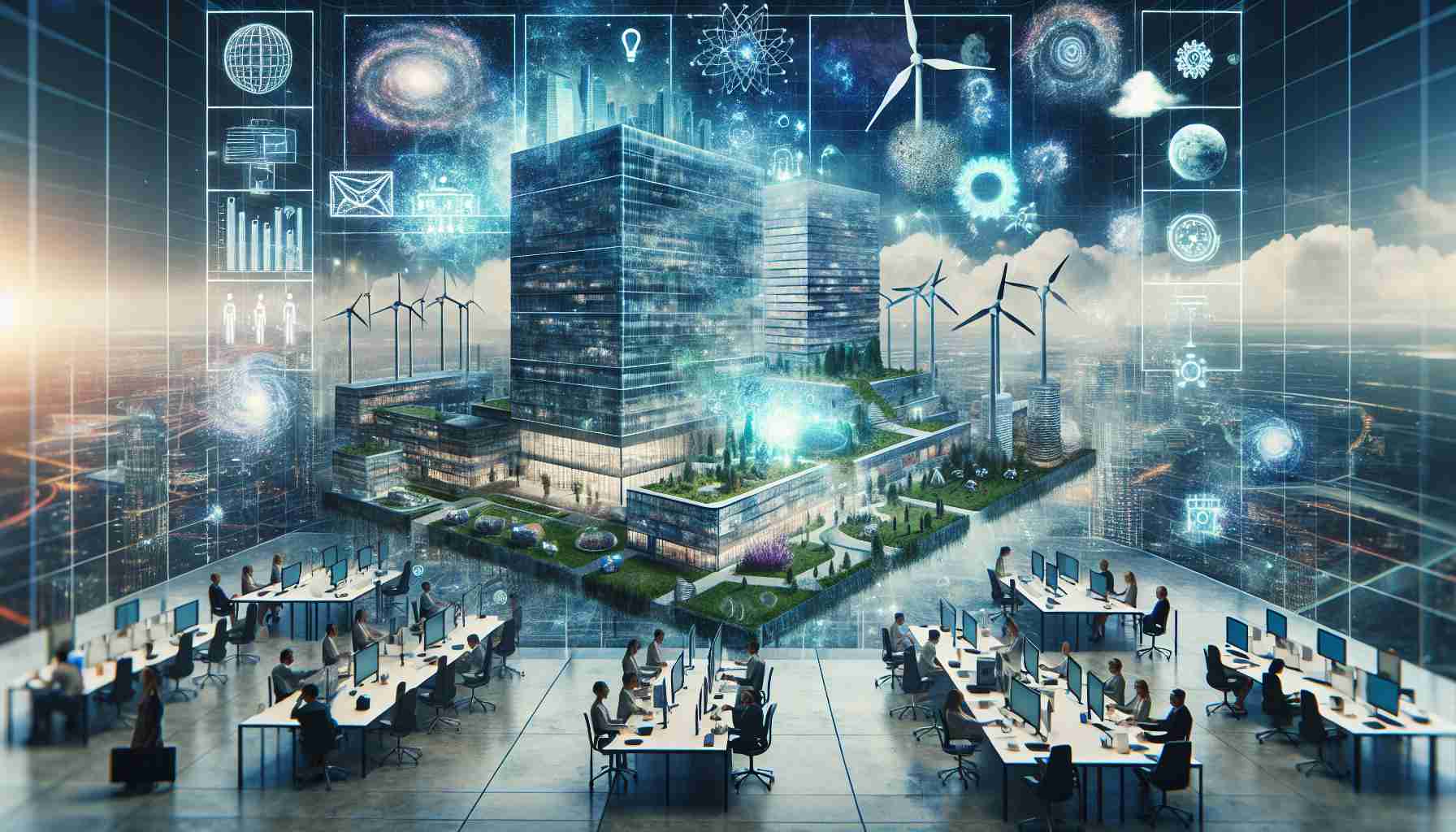 Generate a high-definition image that visualizes the concept of 'The Future of Business.' This could feature a scene of modernized offices with advanced technology like quantum computers, holograms for communication, AI-driven automation, and renewable energy sources. Layer this futuristic business environment with hints of unexpected transformation – perhaps an unconventional twist such as nature integration, human empathy at the forefront, or unconventional work structures (like decentralized teams or flexible roles).