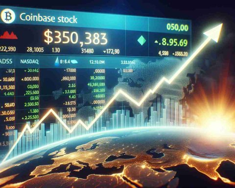 High definition image of a soaring line graph with the label 'Coinbase Stock' on a screen displaying the Nasdaq interface. An exciting atmosphere is palpable, with indicators of a rally such as heightened trading activity and positive news headlines.