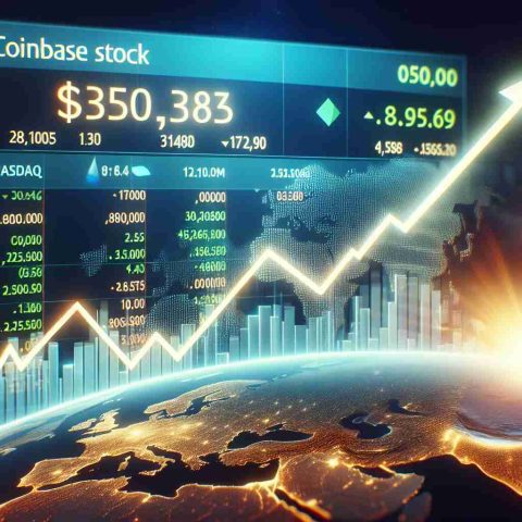 High definition image of a soaring line graph with the label 'Coinbase Stock' on a screen displaying the Nasdaq interface. An exciting atmosphere is palpable, with indicators of a rally such as heightened trading activity and positive news headlines.