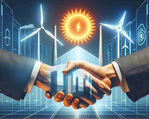 Create a high-definition, realistic image illustrating the concept of a revolutionary energy agreement. This could include elements like a metaphorical handshake symbolizing the deal, an energy symbol (e.g., sun for solar power, wind turbines for wind energy), and perhaps a futuristic style building bearing the logo of a fictional tech company to suggest a high-tech context.