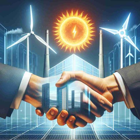 Create a high-definition, realistic image illustrating the concept of a revolutionary energy agreement. This could include elements like a metaphorical handshake symbolizing the deal, an energy symbol (e.g., sun for solar power, wind turbines for wind energy), and perhaps a futuristic style building bearing the logo of a fictional tech company to suggest a high-tech context.