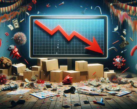 Create a realistic HD depiction of a declining Stock Market. Visualize it as a graph on a display with red arrows pointing downwards to symbolize the financial stumble. Additionally, design an atmosphere of uncertainty by incorporating a chaotic festival-like scene in the background with confetti, balloons, and unsettling, unclear symbols.