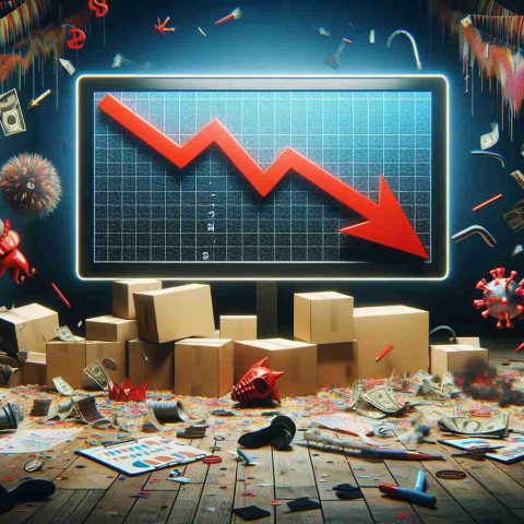 Create a realistic HD depiction of a declining Stock Market. Visualize it as a graph on a display with red arrows pointing downwards to symbolize the financial stumble. Additionally, design an atmosphere of uncertainty by incorporating a chaotic festival-like scene in the background with confetti, balloons, and unsettling, unclear symbols.