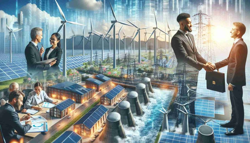 An HD image portraying a boom in clean energy in the UK. It shows large wind turbines, urban solar panels, and hydroelectric power stations all buzzing with activity. In the foreground, there are business people, an Asian woman and a Black man, signing agreements and shaking hands under the banner 'Investing for a Clean Future'.