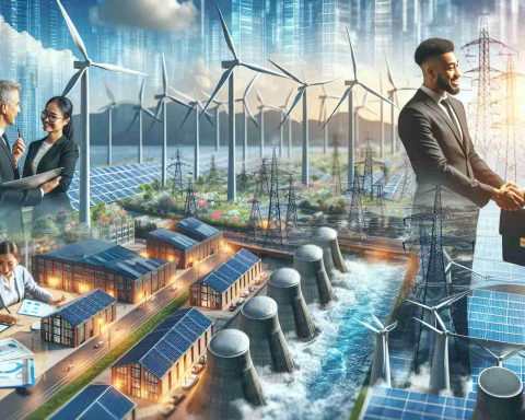 An HD image portraying a boom in clean energy in the UK. It shows large wind turbines, urban solar panels, and hydroelectric power stations all buzzing with activity. In the foreground, there are business people, an Asian woman and a Black man, signing agreements and shaking hands under the banner 'Investing for a Clean Future'.