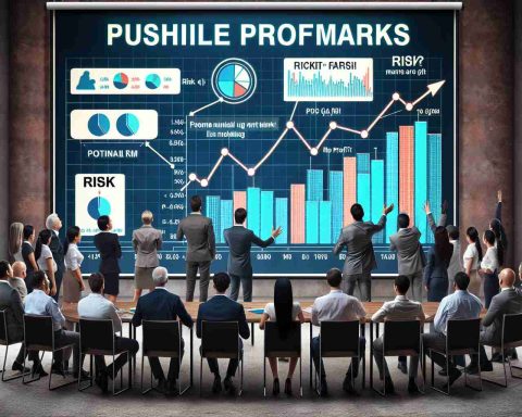 A high-definition, realistic image of a diverse group of enthusiastic investors. They are gathered around a presentation board with data graphs showcasing potential huge profit margins. However, on one side of the board is an infographic that signifies a risk factor, creating the notion that there's a catch.