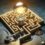 A high-definition and realistically styled image that represents a surprising twist for a large energy-based company. This image could include symbolic elements like a lightbulb representing ideas, a maze representing challenges, and a key hidden in the scene to symbolize the hidden factor.