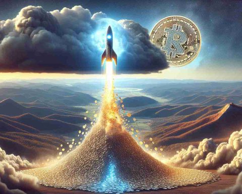 A photorealistic, high-definition image capturing a dramatic metaphorical representation of the cryptocurrency, XRP, experiencing an unbelievable surge. The image would show a rocket, symbolizing XRP, soaring high into the sky, leaving a trail of glittering coins. The background features a mountainous landscape, showing the before (the low terrain) and the after (the high peaks). As for what's next, represent it with a thick, foreboding cloud ahead, symbolizing uncertainty and the potential for important change.