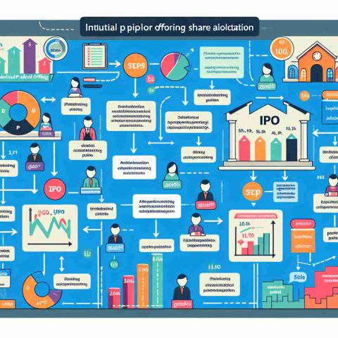 An educational and detailed infographic explaining the process of Initial Public Offering (IPO) share allocation. This should include colorful and easy-to-understand illustrations of different steps involved during the IPO process. Add relevant textual explanations along with the graphical representations to make it more educative. Please keep it in high definition to ensure clarity and precision.