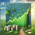 Generate a realistic HD image that represents the surprising trend in green energy stocks that's defying expectations. The image can include a chart with continuously rising values, slowly spinning wind turbines on a vast green field under a clear sky, green leaves indicating green energy, some coins to represent investment, and the phrase 'The Surprising Trend in Green Energy Stocks That's Defying Expectations' prominently displayed in the image.